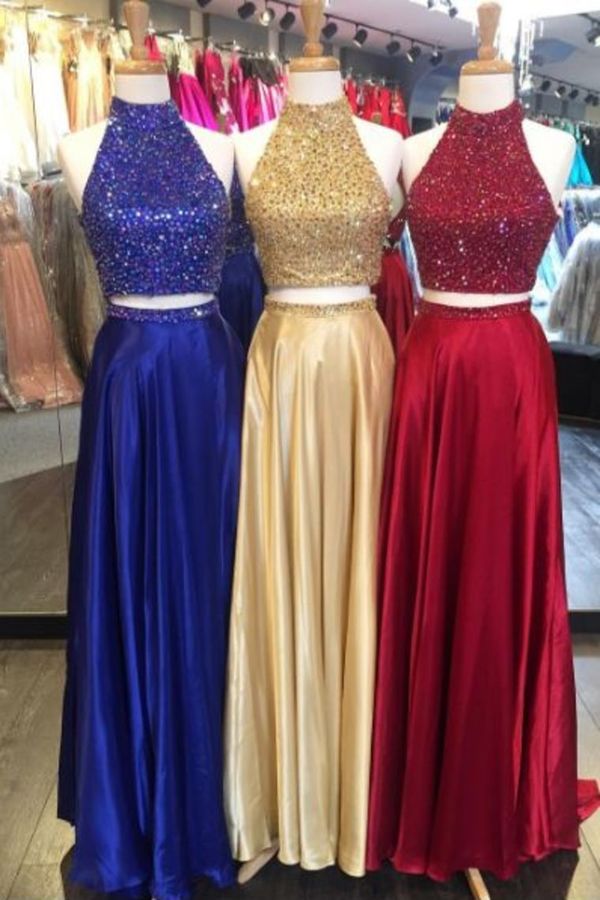 2024 Two Pieces Satin Prom Dresses With Beaded Bodice P53ANNFN