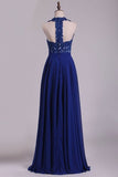 2024 Chiffon V Neck A Line With Applique And Beads Prom Dresses Open PKC7TGYN