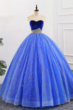 Ball Gown Sweetheart Strapless Blue Prom Dresses with Beading, Tulle Quinceanera Dresses STK15073