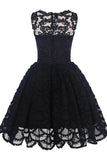 A-Line Scalloped-Edge Sleeveless Vintage Black Lace Knee-Length Homecoming Dress