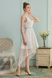 High Low V-Neck Asymmetrical Ivory Lace Homecoming Dress