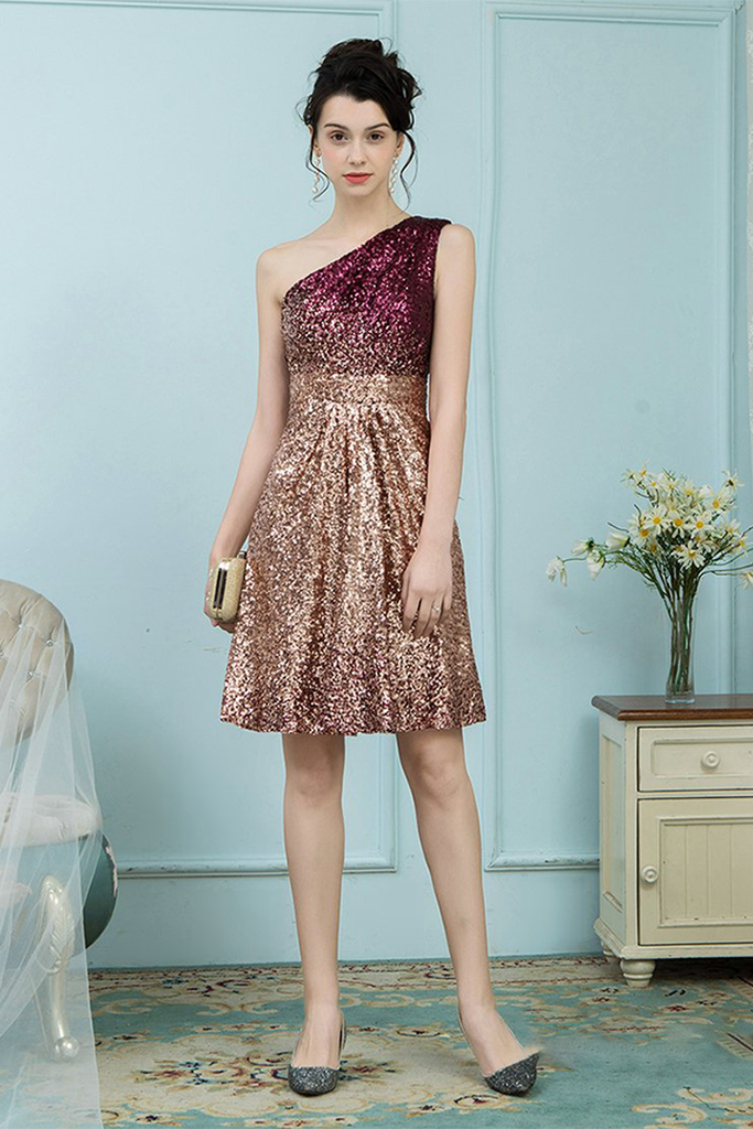 Glitter Omber Gold One Shoulder Short Sequines Pleats Homecoming Dress