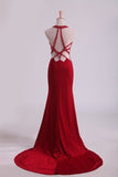 2024 Burgundy Chiffon Prom Dresses Scoop Spandex With Beading Sweep Train PM238TR5