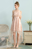 High Low A-Line Spaghetti Straps Ice Pink Lace Homecoming Dress