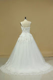 2024 A Line Spaghetti Straps Court Train Wedding Dresses Tulle With Applique And Handmade PNPCN3JZ