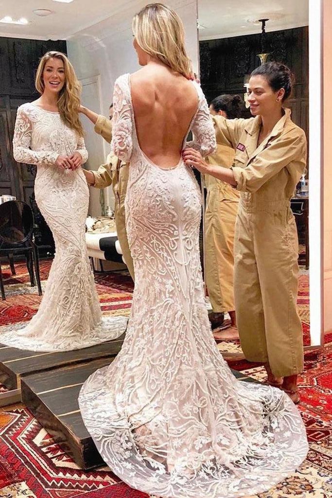 Ivory Backless Long Sleeves Mermaid Wedding Dress Embroidery& Beads Wedding STKPYJ9JRQB