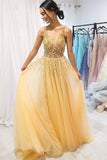 A Line Gold V Neck Beading Tulle Prom Dresses Spaghetti Straps Long Cheap Formal Dress STK14999