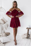 Chic Halter Backless Burgundy Chiffon Off the Shoulder Homecoming Dress with Ruffles