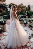 Elegant A Line V Neck Tulle Wedding Dresses with Flowers, V Back Beach Wedding Gowns STK15513
