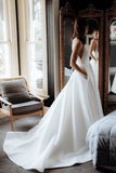 Simple Round Neck Satin Ivory Wedding Dresses With Pockets Long Wedding STKPG7X4QMY