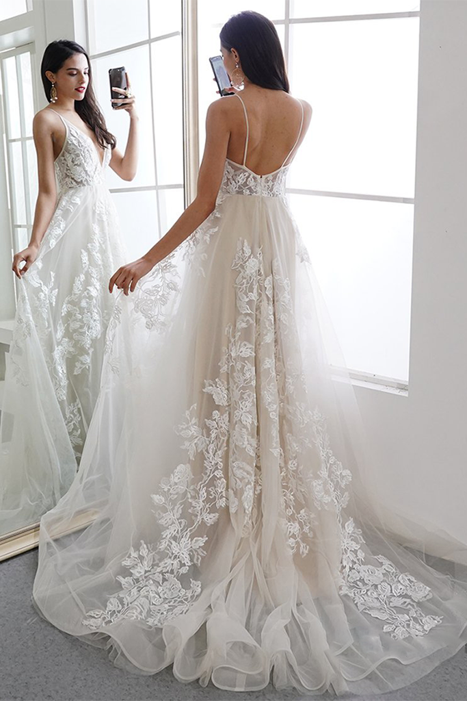 V-Neck Applique Long Wedding Dress