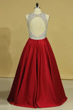 2024 Burgundy Scoop Open Back Beaded Bodice A Line Prom Dresses Satin & Tulle Plus PHTN28CY