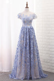 2024 Off The Shoulder Short Sleeves A Line Lace Prom Dresses P516ECQ6
