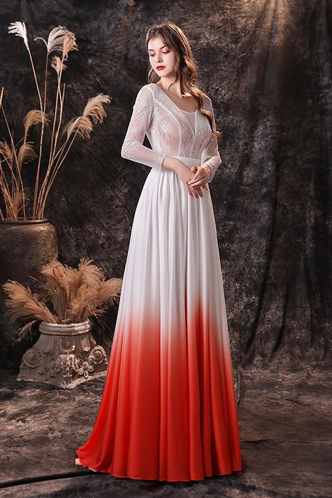 Open Back Long Sleeve Lace Ombre Wedding Dress