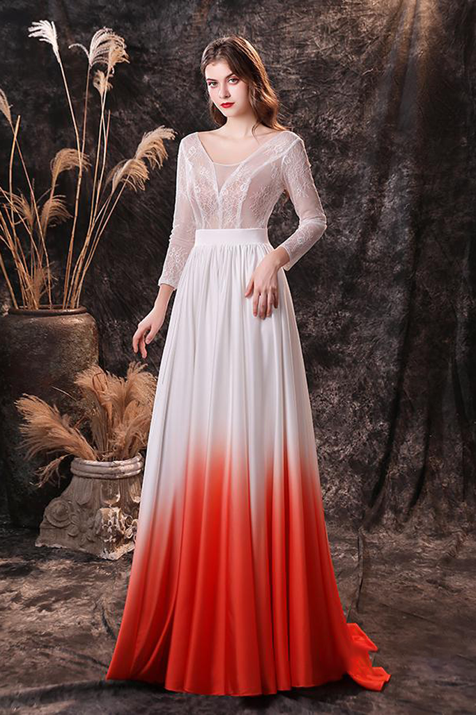 Open Back Long Sleeve Lace Ombre Wedding Dress
