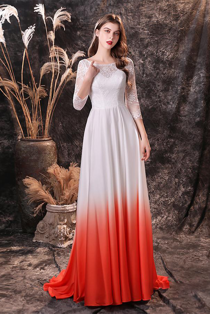 Simple Elegant Chiffon Ombre Lace Wedding Dress with Sleeves