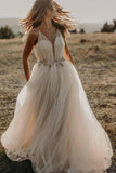 Spaghetti Straps Tulle Deep V-Neck Wedding Dresses, Romantic Bohemian Beach Bridal Dress STK15421