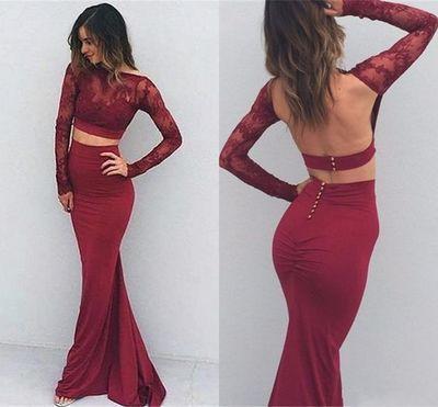 Burgundy Sexy Two Pieces Charming Backless Lace Long Sleeves Evening Dresses