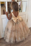 Princess Ball Gown Champagne Sequins Bowknot V Back Flower Girl Dresses STK15291
