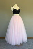 A Line Two Pieces Spaghetti Straps Black And Pink Prom Dresses, Formal STK15614
