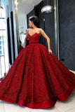Sparkly Ball Gown Burgundy Strapless Sweetheart Prom Dresses, Long Quinceanera Dresses STK15428