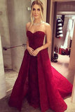 Long Sweetheart A-line Chic Burgundy Prom Dresses with Over skirt Lace Beaded