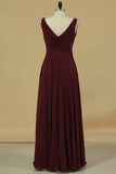 2024 V Neck Bridesmaid Dresses A Line With Beads And Ruffles Floor PSR63XL3