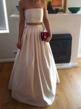 A-Line Gorgeous Two Piece Ivory Satin Long Strapless Floor-Length Prom Dresses
