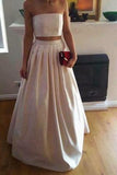 A-Line Gorgeous Two Piece Ivory Satin Long Strapless Floor-Length Prom Dresses