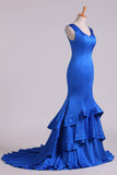 2024 Dark Royal Blue Off-The-Shoulder Mermaid Prom Dresses Sweep Train Satin Zipper PKA7Q94B