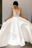 Simple A-Line Deep V Neck Satin Ivory Wedding Dress With Lace STKPR2KHCZB