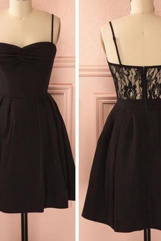 Spaghetti strap black simple lace cheap sexy homecoming prom dress