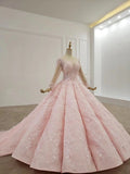 Elegant Ball Gown Pink Long Sleeves Appliques Prom Dresses, Quinceanera STK20481