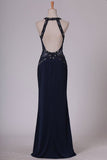 2024 Black Prom Dresses Scoop Sheath With Beading Open Back PXASC233
