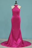 2024 Bridesmaid Dresses Halter Mermaid Satin With Applique PMED9NFS
