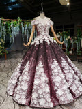 Ball Gown Off the Shoulder V Neck Satin Prom Dresses with Hand Made Flowers, Quinceanera Dress STK15064