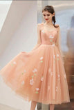 Cute Tea Length A Line Pink Short Prom Dress Sweet 16 Dresses with Hand Made Flower STK15138
