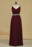 2024 V Neck Bridesmaid Dresses A Line With Beads And Ruffles Floor PSR63XL3