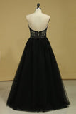 2024 Plus Size Black A Line Prom Dresses Sweetheart Tulle With Applique & Beads Floor PKZS8EXC
