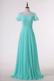 2022 Bridesmaid Dresses Scoop Short Sleeve Chiffon & Lace Floor P59B2YC9