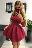 Cute Off the Shoulder Long Sleeves Burgundy Lace Homecoming Dresses Sweet 16 Dresses STK14972