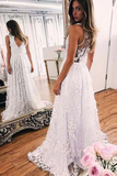 A Line V Neck Sleeveless Lace Wedding Dress Long Bridal Dress With STKP7LAJH3P