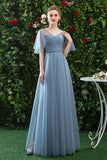 A Line V Neck Tulle Blue Cheap Prom Dress, Long Floor Length Bridesmaid Dresses STK15044