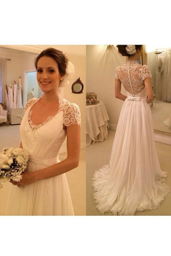2024 Short Sleeves Wedding Dresses A Line Chiffon With PTX1T8RT