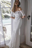 2 Pieces Ivory Lace Mermaid Off the Shoulder Wedding Dresses, Beach Wedding Gowns STK14986