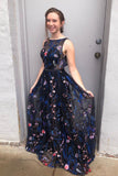 Gorgeous A Line Bateau Blue Floral Tulle Long Prom Dresses, Cheap Formal Dresses STK15234