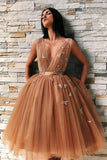Ball Gown Tulle V Neck Homecoming Dresses with Appliques, Short Prom STK15620