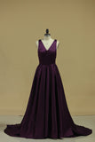 2024 Grape V Neck Evening Dresses A Line With Slit & Ruffles Sweep PHYNK647