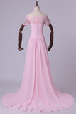 2024 Boat Neck Prom Dress Ruched Bodice A Line With Layered Chiffon Skirt Court PB3MZ2EF