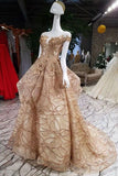 2024 Gold Lace Prom Dresses Lace Up With Appliques Off PZL2MLF5